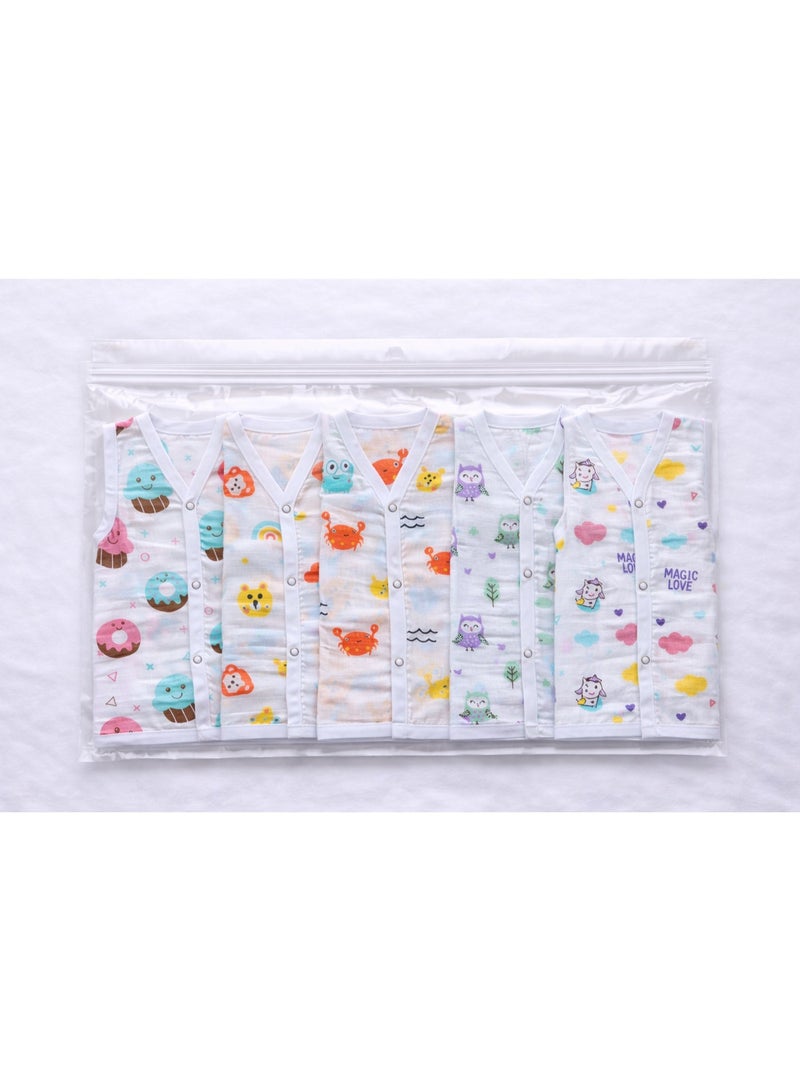 Pack of 5 - Baby Muslin Jabla Vest - Sleeveless Front Open Top, Soft Breathable Cotton - (3-6 Months) - Image 2